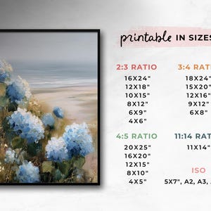 May include: A framed art print featuring a coastal landscape with blue hydrangeas in the foreground. The artwork includes a beach and ocean scene. The text "printable IN SIZES" is visible, with size options in inches.