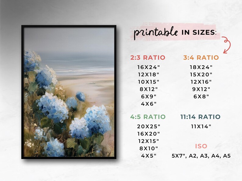 May include: A framed art print featuring a coastal landscape with blue hydrangeas in the foreground. The artwork includes a beach and ocean scene. The text "printable IN SIZES" is visible, with size options in inches.