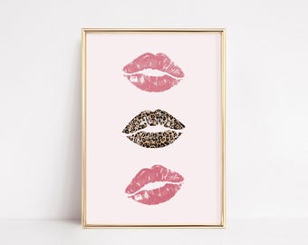 Leopard Print and Pink Lips Print | Trendy Wall Art | Preppy Dorm Decor | Fashion Print Leopard Wall Art | Girly Wall Art Digital Download