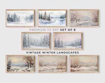 Puede incluir: Conjunto de ocho pinturas de paisajes de invierno en marcos de madera. Las pinturas representan escenas nevadas con árboles, ríos y casas. Los textos "PREMIUM TV ART SET OF 8" y "VINTAGE WINTER LANDSCAPES" están impresos debajo de las imágenes.
