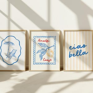 Conjunto de 3 impressões italianas da Costa Amalfitana | Pôster de viagem vintage da Itália | Decoração de praia de verão | Arte de parede para impressão da Costa Azul para download digital