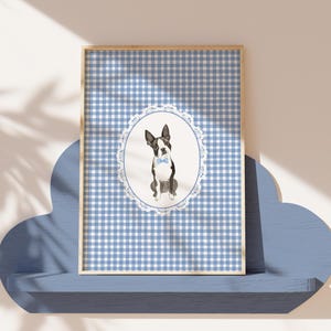 Watercolor Boston Terrier Print | Gingham Farmhouse Nursery Decor, Blue Boys Room Decor, Vintage Dog Art, Dog Painting Printable Wall Art