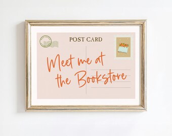 Bookish Post Card Print | Printable Horizontal Wall Art, Pink Librariancore Decor Vintage Aesthetic Poster, Book Lover Gift Digital Download