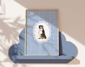 Bernese Mountain Dog Nursery Art | Gingham Farmhouse Decor, Blue Boys Room Decor, Vintage Dog Art, Pet Portrait Painting Printable Wall Art
