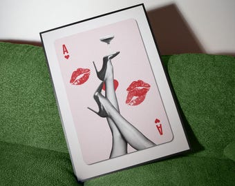 Arte de carrinho de bar retrô Ás de copas Carta de baralho Impressão | Pôster de Martini expresso Decoração de carrinho de bar vintage | Arte de parede para quarto de Lucky Girl para impressão