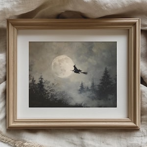 Witch Flying Over Moon Halloween Print | Witchy Halloween Decor, Spooky Printable Wall Art, Moody Vintage Painting, Dark Academia, Digital