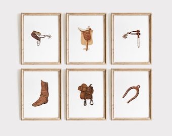 Vintage Cowboy Print Set of 6 | Western Decor Minimalist Wall Art | Southwestern Art Gallery Wall | Rustic Decor Horse Art Digital Download