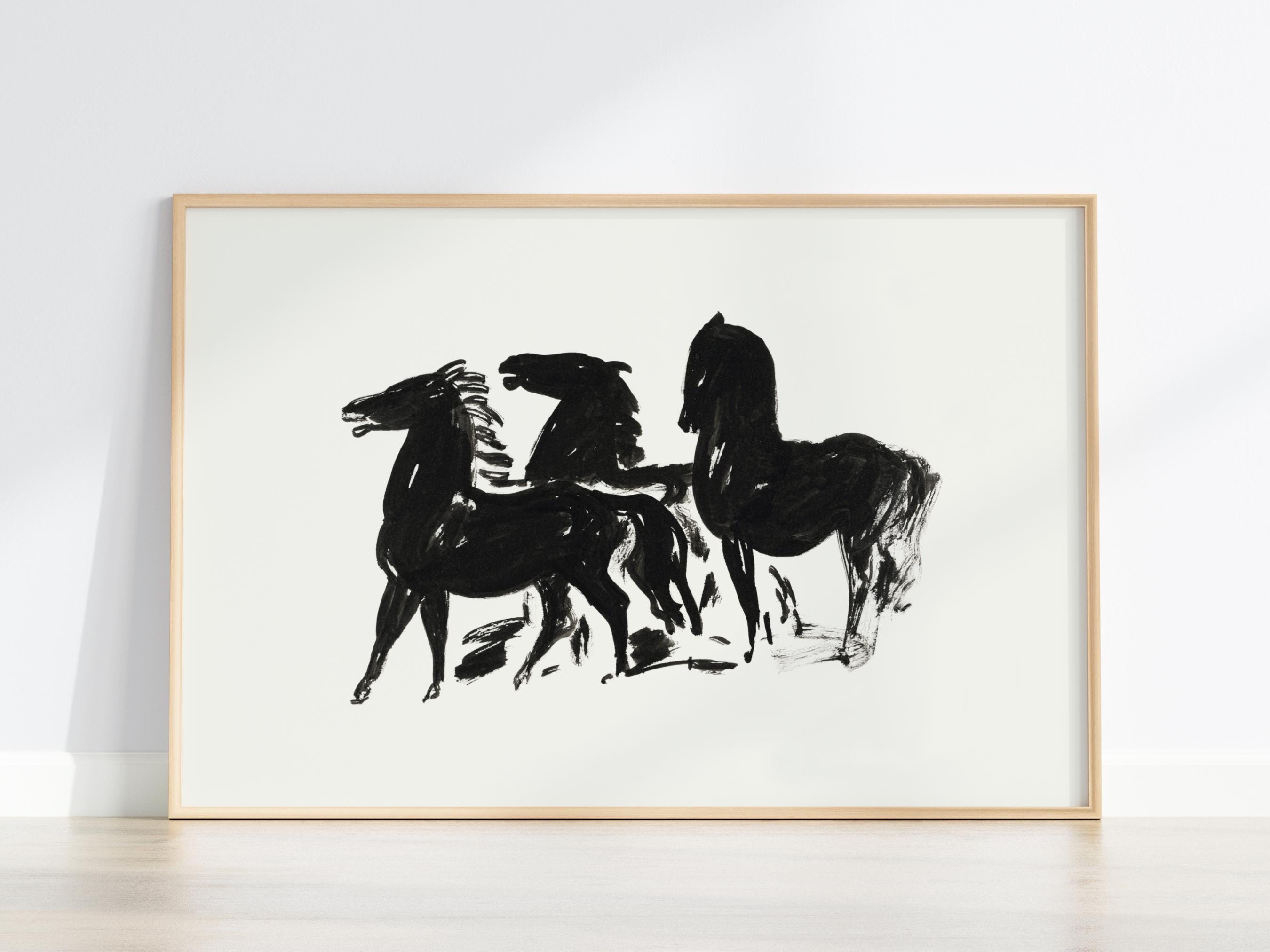 ヴィンテージ馬アート | 黒と白の馬の抽象画 | 西洋アート | 素朴な