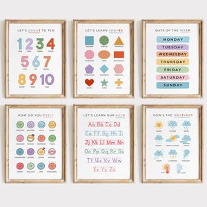 Ensemble d'affiches éducatives | Art mural imprimable pour enfants, décoration pour salle de jeux, école à la maison et salle de classe, nombres formes ABC sentiments, galerie d'impression numérique