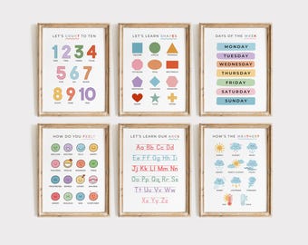 Educational Posters Set: ABCs, Numbers, Shapes - Playroom & Classroom Decor (Digital Print Gallery)