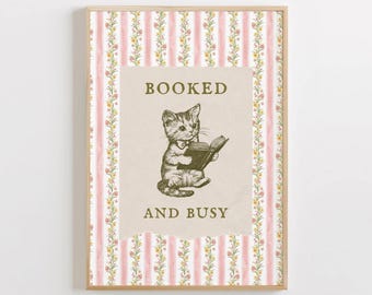 Zarezerwowany i zajęty wydruk | Bookish Pink Green Printable Wall Art, prezent dla miłośnika książek, sztuka kota w stylu vintage, plakat do czytania w pokoju dziewcząt do pobrania w wersji cyfrowej