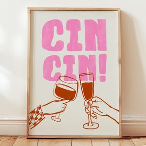 Impresión "Cin Cin Cheers" / Arte mural imprimible en rojo y rosa, decoración moderna de carrito de bar de mediados de siglo, póster de cócteles con alcohol, bonita decoración retro de cocina