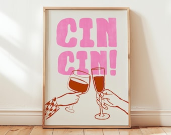 Puede incluir: Una impresión artística enmarcada con las palabras "CIN CIN!" en rosa, encima de dos copas de vino brindando. Las manos y las copas están dibujadas en un contorno marrón, con una mano con una manga a cuadros.