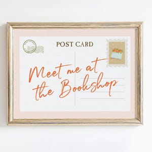 Carte postale livresque | Art mural horizontal imprimable, déco bibliothèque rose, affiche esthétique vintage, cadeau pour les amoureux des livres en téléchargement numérique