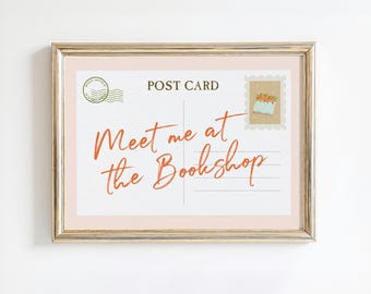 Bookish Post Card Print | Printable Horizontal Wall Art, Pink Library Decor, Vintage Aesthetic Poster, Book Lover Gift Digital Download