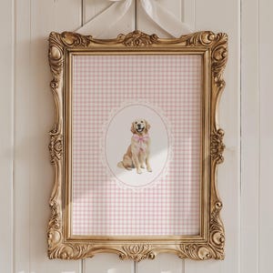 Watercolor Golden Retriever Art Print for Pink Nursery Decor | Girls Room Decor Vintage Dog Art | Gingham Coquette Wall Art Digital Download