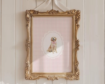 Watercolor Golden Retriever Art Print for Pink Nursery Decor | Girls Room Decor Vintage Dog Art | Gingham Coquette Wall Art Digital Download