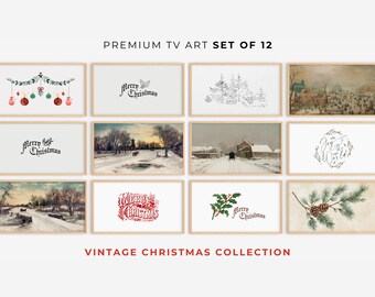 May include: A set of 12 framed vintage Christmas art prints. The collection includes watercolor ornaments, winter landscapes, and holiday text. The words "Premium TV Art Set of 12" and "Vintage Christmas Collection" are displayed.