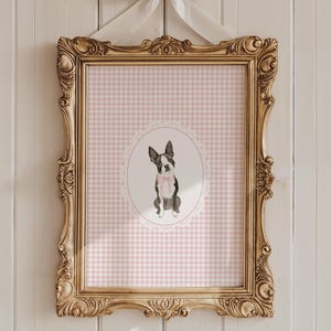 Watercolor Boston Terrier Dog Nursery Art | Gingham Cottagecore Decor | Girls Room Decor Vintage Dog Art | Dog Painting Printable Wall Art