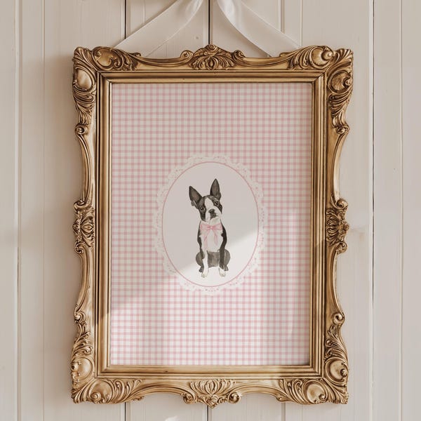Watercolor Boston Terrier Dog Nursery Art | Gingham Cottagecore Decor | Girls Room Decor Vintage Dog Art | Dog Painting Printable Wall Art