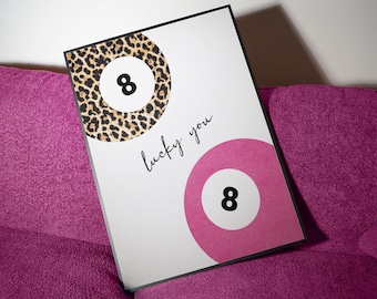 Vintage 8 Ball Hot Pink Leopard Print | Retro Lucky You Print | Lucky Girl Y2K Poster | Trendy Aesthetic Dorm Room Decor Digital Download