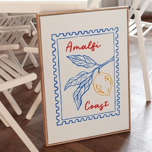 Wydruk wybrzeża Amalfi | Plakat podróżniczy Vintage Retro Italy | Kolorowy letni wystrój kuchni | Cytryna do wydrukowania na ścianie Cyfrowe pobieranie