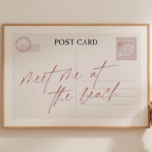 Meet Me at the Beach-postkaart | Afdrukbare muurkunst kust | Gedempt roze zomerstrandhuisdecoratie | Vintage esthetische digitale download