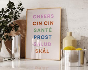 Cheers Print in Different Languages | Colorful Bar Cart Decor | Printable Cocktail Poster | Cin Cin Sante Prost Salud Skal Fun Kitchen Art