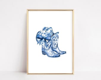 Aquarel kust veedrijfster print | Trendy westelijke muurkunst | Blauw-witte chinoiserie-muurkunst | Kamerdecoratie voor kokette | Digitale download