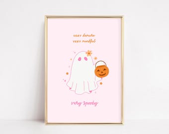 Muito Recatado, Muito Consciente, Muito Assustador | Impressão Engraçada de Halloween | Impressão de Fantasma Fofa | Decoração de Halloween Rosa | Arte de Parede de Halloween Fofa para Dormitório