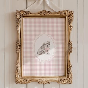 English Bulldog Nursery Art | Pink Nursery Cottagecore Decor | Girls Room Vintage Dog Art | Gingham Bulldog Puppy Art Printable Wall Art