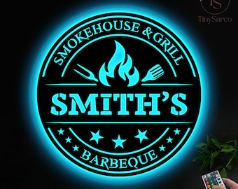 Cartello da parete per barbecue in metallo personalizzato con luci a LED, cartello per griglia personalizzato, cartello per barbecue per esterni, grande cartello per barbecue, regalo personalizzato, decorazione per barbecue