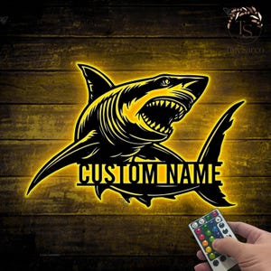 Personalized Great White Shark Metal Wall Art LED Light, Custom Shark Lover Name Sign Home Decor Boy Girl Nursery Decoration Christmas Gifts