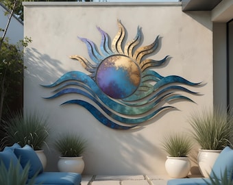 Abstract Sun and Wave Metal Wall Art, Large Coastal Decor, Modern Ocean Sculpture, Luxury Home Hanging