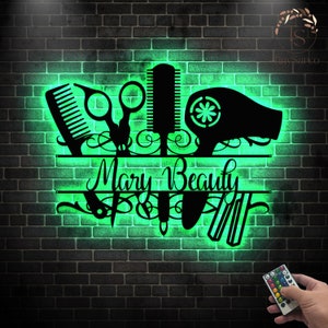 Insegna luminosa a LED personalizzata con nome per parrucchiere, decorazione da parete in metallo per parrucchiere, regali per parrucchieri, regalo per parrucchieri