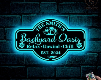 Personalized Backyard Pool Metal Sign LED,Outdoor Wall Decor,Pool Signs for Outdoor Personalized,Custom Backyard Oasis Sign Patio Decor, ift