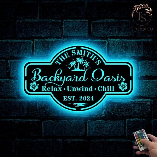 Letrero metálico LED personalizado para piscina de patio trasero, decoración de pared exterior, letreros para piscina para exteriores personalizados, letrero personalizado de oasis en el patio trasero, decoración de patio, ift