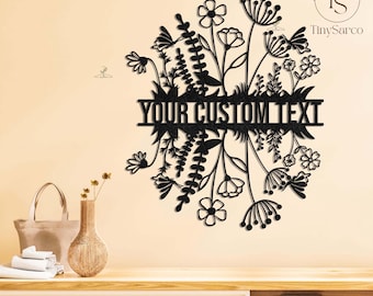 Arte de pared de metal con flores silvestres personalizado, letrero de metal personalizado, letrero de bienvenida con flores silvestres, letrero con apellido familiar, decoración de granja con flores para primavera