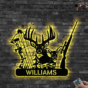 Personalized Deer Hunter Metal Sign Led Light, Custom Bow and Hunting Rifle Sign, Deer Hunting Wall Hanging, Hunter Gift, Cabin Sign, Father