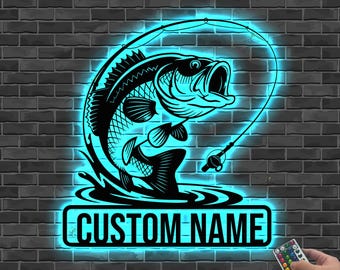 Letrero LED de pesca personalizado, letrero de pesca con nombre personalizado, regalo de pescador, decoración de la casa del lago, decoración de pescador, regalo para pescador, cueva del hombre al aire libre