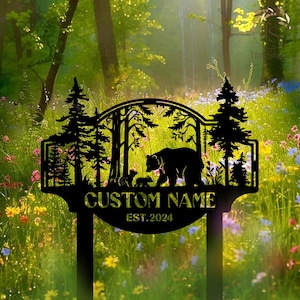 Last Name Signs for Home, Bear Personalized Metal Sign Stake, Bear In Woods Cabin Sign, Family Name Black Bear Sign, Bear Sign Dad Gift Sign