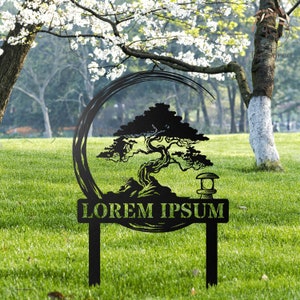 Personalized Bonsai Tree Garden Sign with Stake, Bonsai Garden Metal Stake, Custom Garden Stake, Metal Asian Yard Art, Yard Sign, Yard Decor
