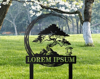 Personalized Bonsai Tree Garden Sign with Stake, Bonsai Garden Metal Stake, Custom Garden Stake, Metal Asian Yard Art, Yard Sign, Yard Decor