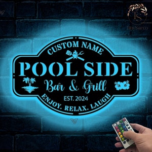 Custom Backyard Pool Metal Sign LED, Patio Outdoor Wall Decor, Lake house Decor, Pool Decor, BBQ & grill Decor, Oasis Wall Art,Backyard Sign