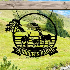 Personalized Donkey Farm Sign, Custom Donkey and Barn Metal Sign, Family Name Ranch Sign,Rustic Farmhouse Decor,Animal Lover Gift,Farm Decor