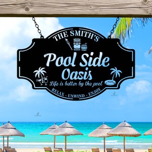 Custom Pool Sign with Family Name, Personalized Pool Sign, Tiki Bar Sign, Poolside Oasis Sign, Outdoor Pool Decor, Summer Decor, Patio Decor