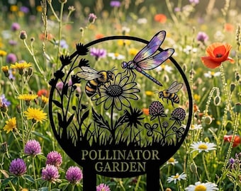 Metallskylt för pollinatorträdgård, trädgårdspåke med bi och trollslända, gåva för naturälskare, dekoration för utomhusblommor