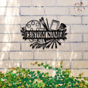Letrero metálico personalizado para estudio de arte, letrero con nombre de pintor, regalo para amantes del dibujo, letrero con herramientas de pintor, decoración de estudio de arte, letrero de artista
