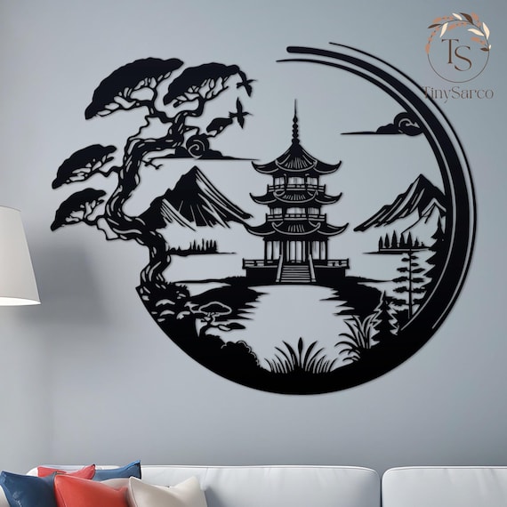 Bonsai Tree with Torii Gate Metal Wall Decor, Japanese Bedroom Decor, Inspirational Wall Art, Sanmon Bonsai Tree Sign, Japanese Home Decor
