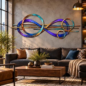 May include: A large metal wall sculpture featuring an infinity symbol design composed of interconnected rings and horizontal bars. The piece displays a textured finish with a gradient of blue, purple, and copper-toned metallic colors.